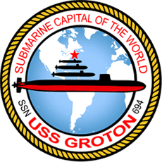 USS Groton emblem with submarines and globe.
