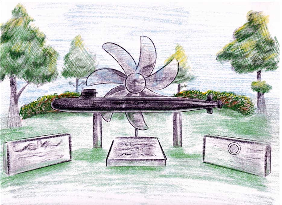 A peaceful memorial garden with a central flower sculpture and three plaques.